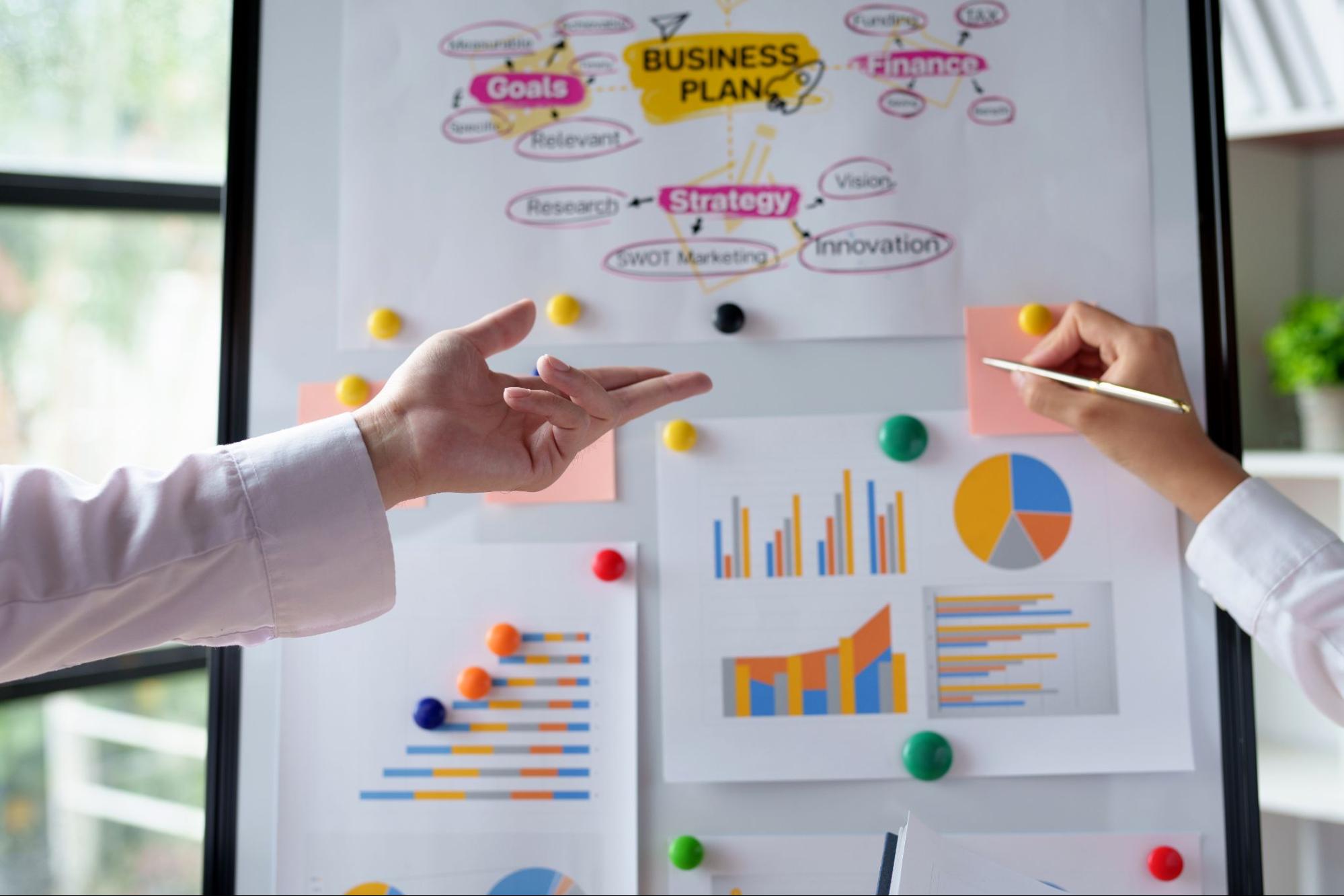 Two hands pointing to graphs, charts, and documents aligning strategic goals with business requirements, actively discussing and analyzing the data on the whiteboard.